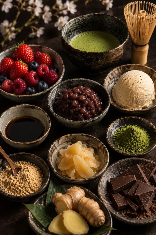 Sobremesa de encerramento do Omakase Fuyu: matcha, frutas vermelhas, anko, sorvete e chocolate